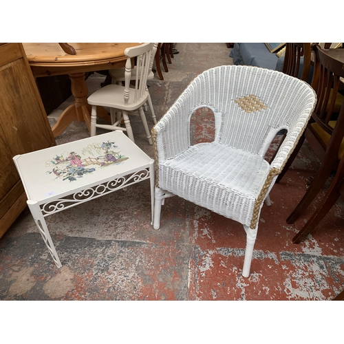 207 - Two pieces of white painted furniture, one mid 20th century wrought metal and laminate side table wi... 