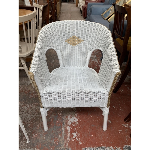 207 - Two pieces of white painted furniture, one mid 20th century wrought metal and laminate side table wi... 