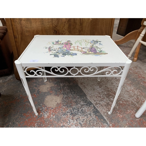 207 - Two pieces of white painted furniture, one mid 20th century wrought metal and laminate side table wi... 