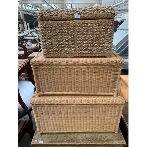 215 - Three wicker blanket boxes - largest approx. 45cm high x 87cm wide x 44cm deep