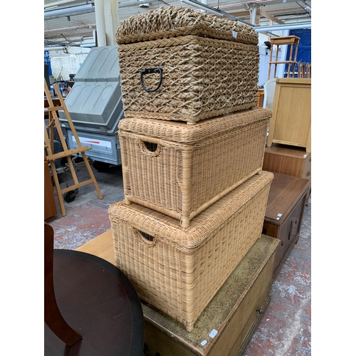 215 - Three wicker blanket boxes - largest approx. 45cm high x 87cm wide x 44cm deep