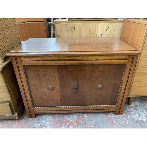 217 - A mid 20th century carved and beaded oak blanket box - approx. 66cm high x 94cm wide x 51cm deep