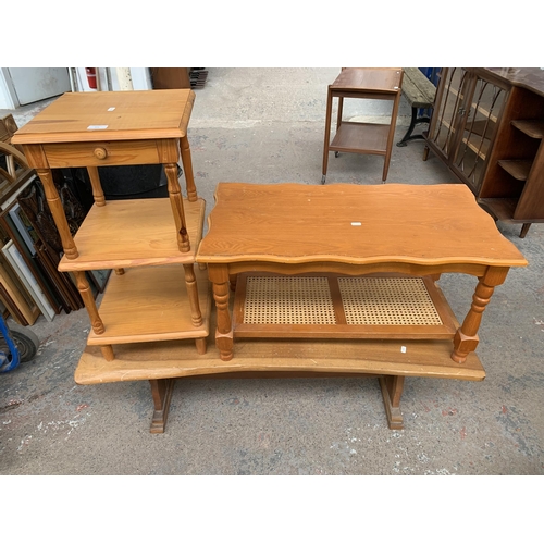 224 - Three pieces of occasional furniture, one pine three tier side table, one beech and rattan two tier ... 