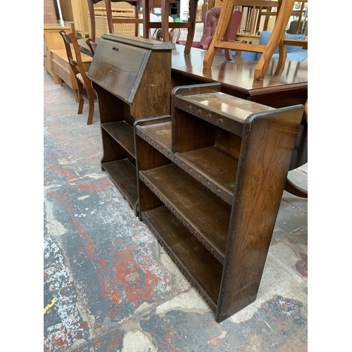 230 - Two pieces of mid 20th century oak furniture, one student's bureau and one three tier bookcase