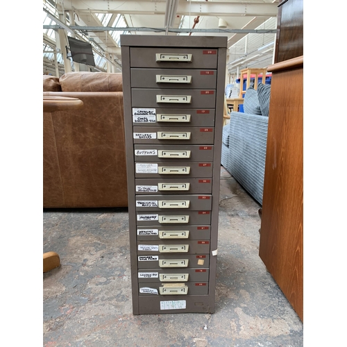 240 - A mid 20th century grey metal fifteen drawer office cabinet - approx. 90cm high x 29cm wide x 42cm d... 