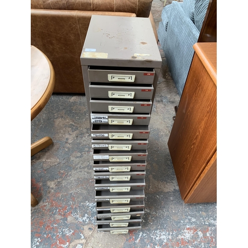 240 - A mid 20th century grey metal fifteen drawer office cabinet - approx. 90cm high x 29cm wide x 42cm d... 