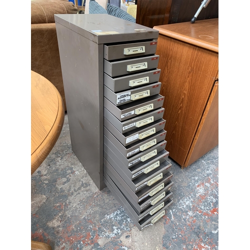 240 - A mid 20th century grey metal fifteen drawer office cabinet - approx. 90cm high x 29cm wide x 42cm d... 