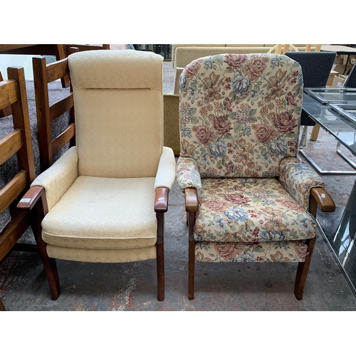 251 - Two late 20th century fabric upholstered and beech armchairs