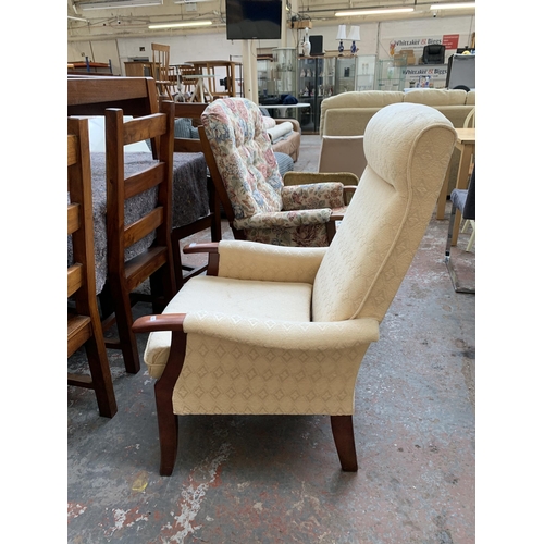 251 - Two late 20th century fabric upholstered and beech armchairs