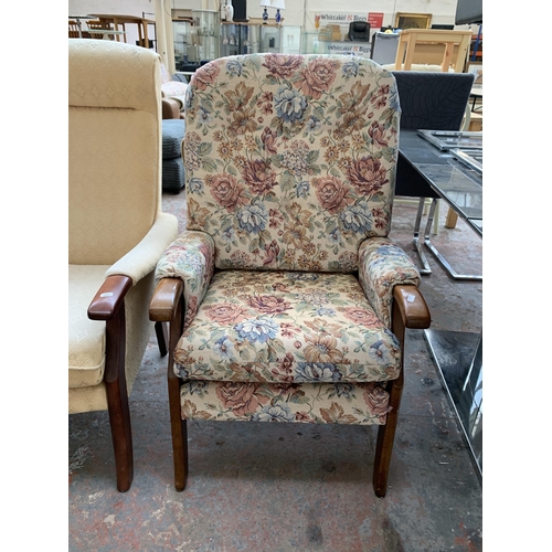 251 - Two late 20th century fabric upholstered and beech armchairs