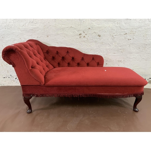 47 - A Victorian style red button back fabric upholstered chaise longue on cabriole supports - approx. 70... 