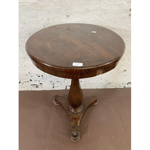 57 - A William IV rosewood circular tripod pedestal side table - approx. 71cm high x 50cm diameter