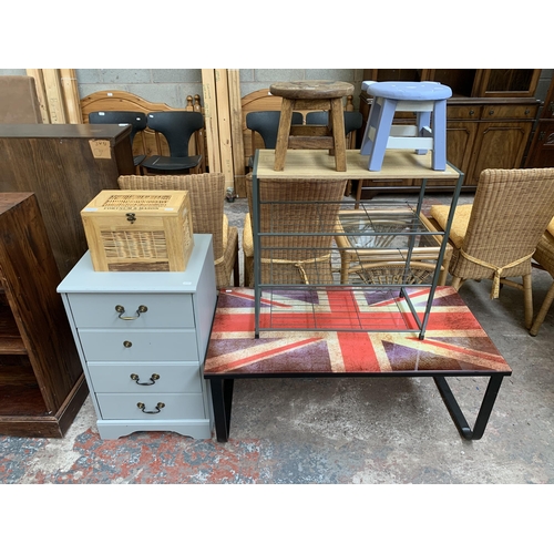 64 - Six pieces of modern furniture, two carved hardwood and hand painted child's stools, one Fortnum & M... 