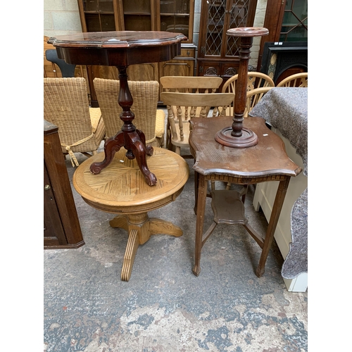 66 - Four pieces of furniture, one Edwardian carved mahogany serpentine two tier side table, one Italian ... 