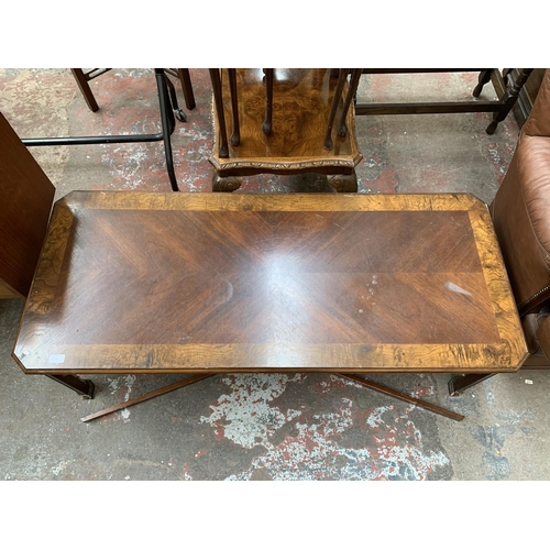 76 - A Georgian style carved mahogany and burr walnut coffee table