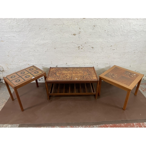 86 - Three mid 20th century teak and ceramic tile top occasional tables - largest approx. 40cm high x 47c... 