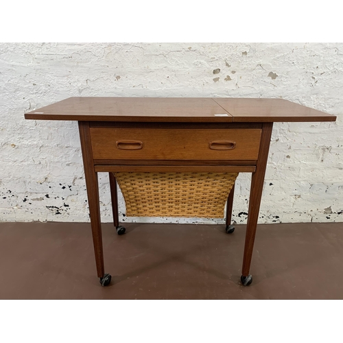 91 - A 1960s Danish teak sewing table with wicker basket - approx. 68cm high x 60cm wide x 42cm deep