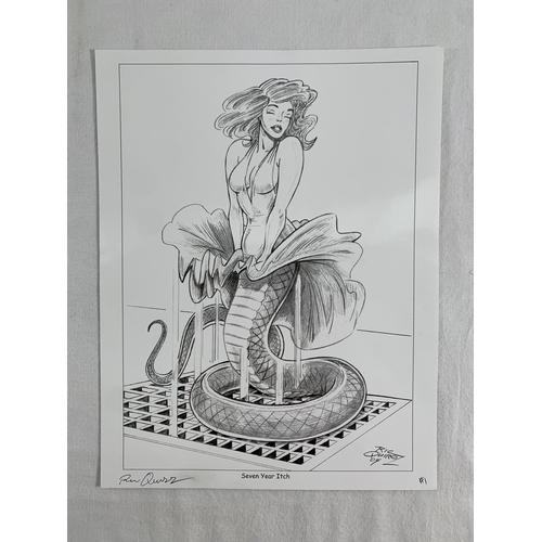 2199 - Two signed prints by Ric Quiroz. Each measure 28cm x 22cm, one is in colour and one is entitled 'Sev... 