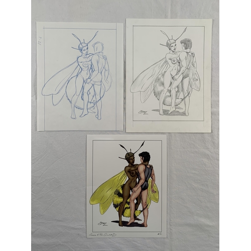 2200 - Ric Quiroz Artwork. Includes three pieces, a non-photo blue pencil drawing on paper 28.5cm x 23cm, a... 