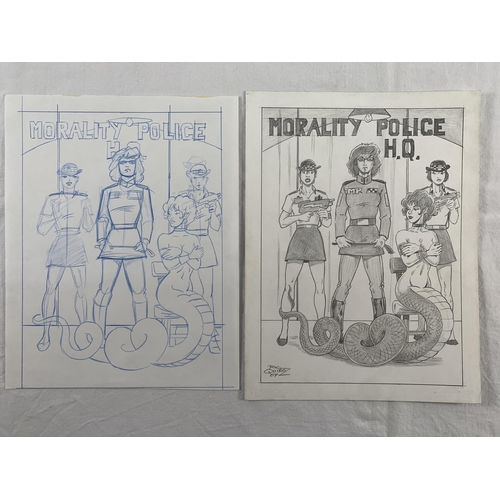 2202 - Ric Quiroz Artwork. 'MORALITY POLICE H.Q.' Includes two pieces, a non-photo blue pencil drawing on p... 