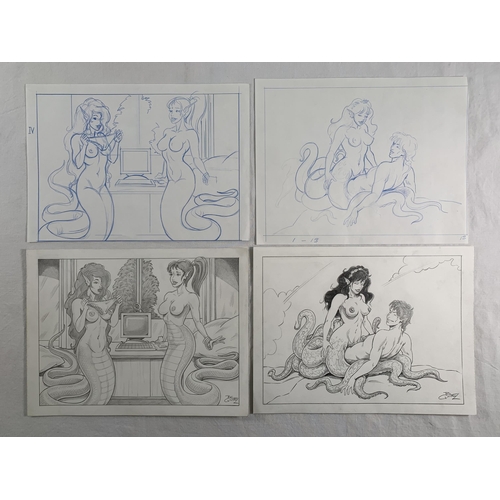 2203 - Ric Quiroz Artwork. Includes four pieces, two non-photo blue pencil drawings on paper 29cm x 23cm an... 