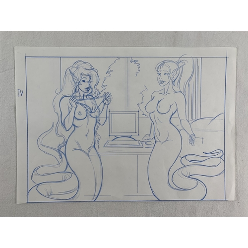 2203 - Ric Quiroz Artwork. Includes four pieces, two non-photo blue pencil drawings on paper 29cm x 23cm an... 