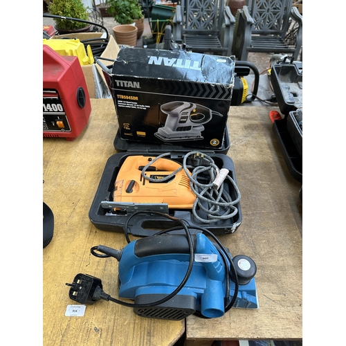 960 - Three power tools, one boxed Titan TTB594SDR electric sander, one JCB electric jigsaw and one Silver... 