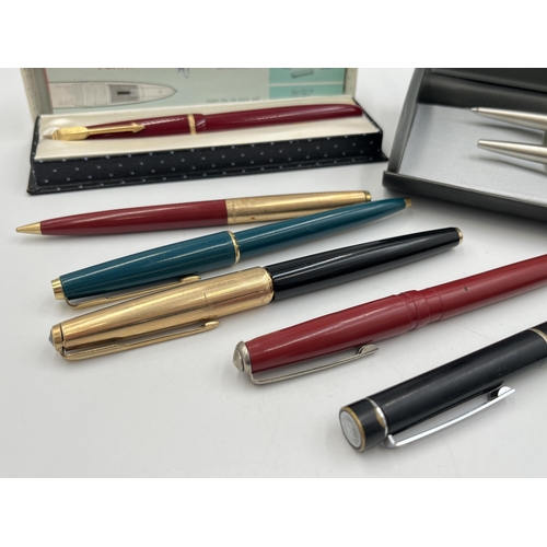 2059 - Nine writing instruments to include boxed Parker two piece set, boxed Parker 51 red lacquered founta... 