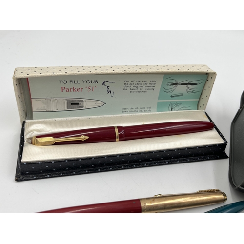 2059 - Nine writing instruments to include boxed Parker two piece set, boxed Parker 51 red lacquered founta... 