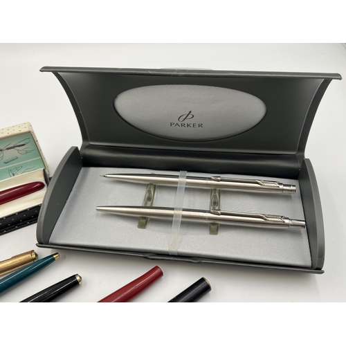 2059 - Nine writing instruments to include boxed Parker two piece set, boxed Parker 51 red lacquered founta... 