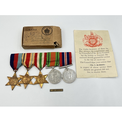 2140 - A boxed WWII five medal group believed to be presented to Pte. F. McNamara