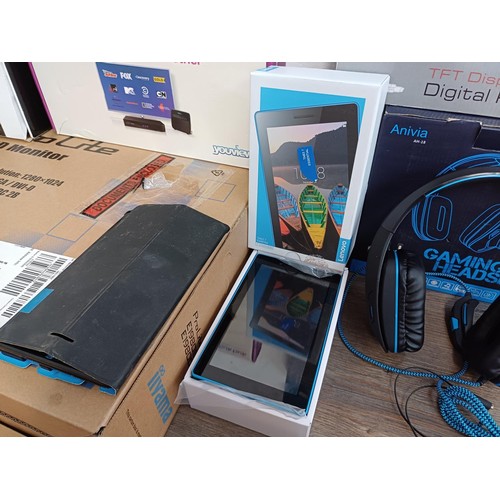 780 - A collection of mostly boxed tech items to include Anivia gaming headset, Lenovo Tab3 7 tablet, BT S... 