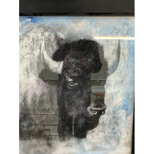 260 - A modern framed painting on fabric of a bison - approx. 73cm high x 68cm wide