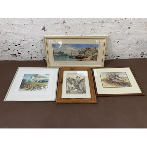 278 - Four framed pictures to include K. Evans watercolour dated 1993, watercolour of a harbour scene, Roy... 