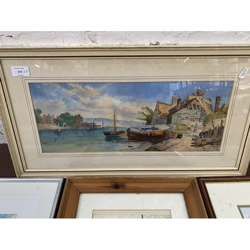 278 - Four framed pictures to include K. Evans watercolour dated 1993, watercolour of a harbour scene, Roy... 