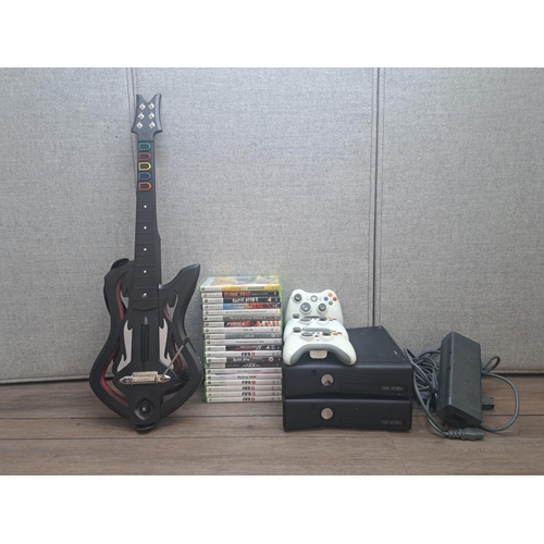 797 - Two Microsoft Xbox 360 S consoles with Guitar Hero controller, controllers, games etc.