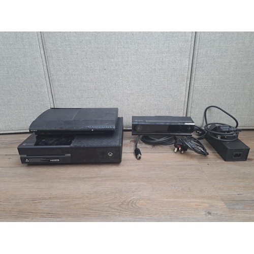 802 - Two consoles, one Microsoft Xbox One 1540 with Kinect unit and one Sony PlayStation 3 CECH-4003C