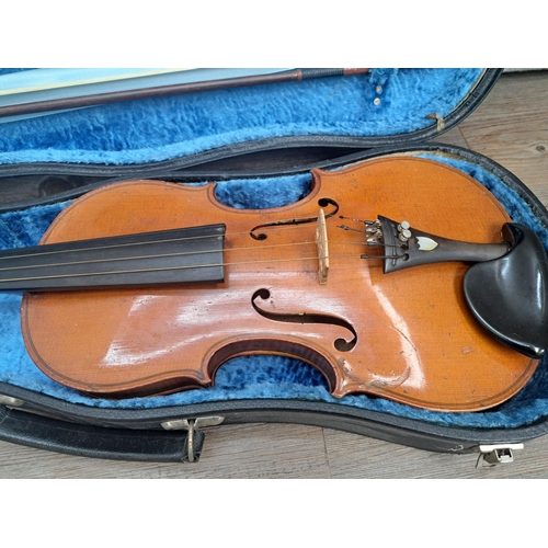 759 - A cased vintage full size violin with bow (bow A/F)