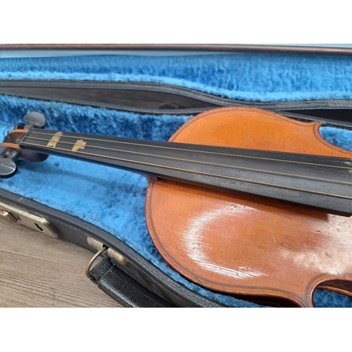 759 - A cased vintage full size violin with bow (bow A/F)