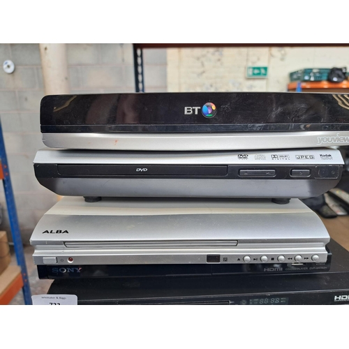 722 - Eight AV items to include Sony DVP-SR150 DVD player, Panasonic NV-J30HQ VHS VCR, BT YouView box, Son... 