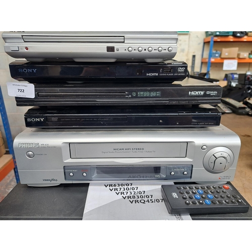 722 - Eight AV items to include Sony DVP-SR150 DVD player, Panasonic NV-J30HQ VHS VCR, BT YouView box, Son... 