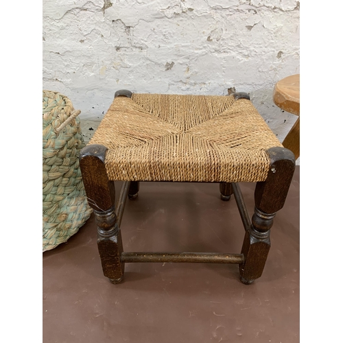 118 - Three stools, one elm tripod, one beech rush seated and one seagrass