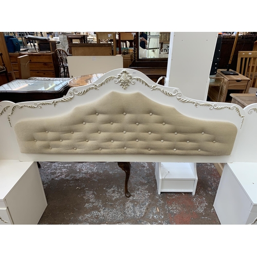 121 - A French style white painted and gilded bedstead - approx. 120cm high x 229cm wide