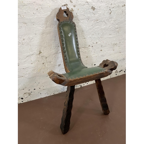 14 - A 1960s Spanish Brutalist hardwood and green vinyl upholstered birthing chair - approx. 79cm high x ... 