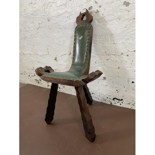 14 - A 1960s Spanish Brutalist hardwood and green vinyl upholstered birthing chair - approx. 79cm high x ... 