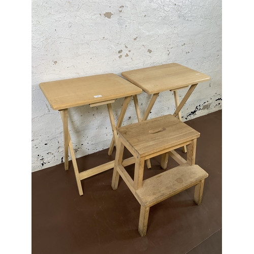 152 - Three pieces of beech furniture, two folding side tables and one IKEA Bekvam two tier step stool