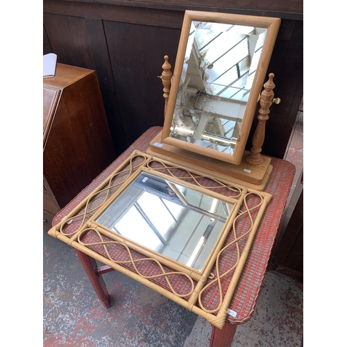 199 - Two mirrors, one Victorian style pine dressing table and one mid 20th century bamboo and wicker wall... 