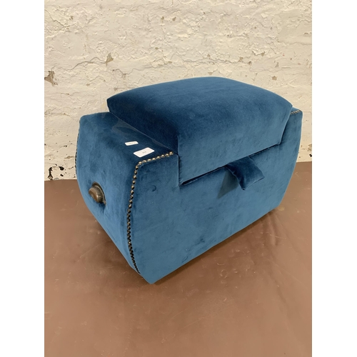 202 - An Art Deco blue fabric upholstered and brass studded storage stool - approx. 42cm high x 63cm wide ... 