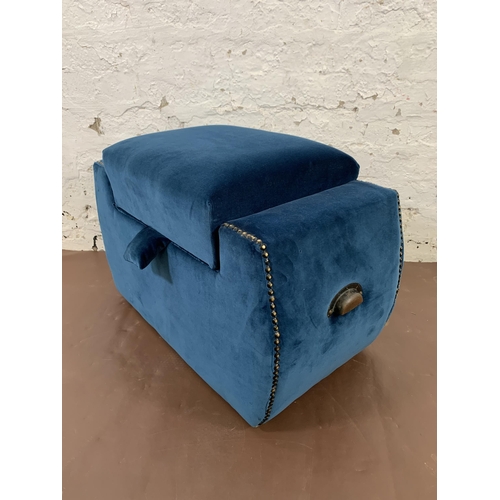 202 - An Art Deco blue fabric upholstered and brass studded storage stool - approx. 42cm high x 63cm wide ... 