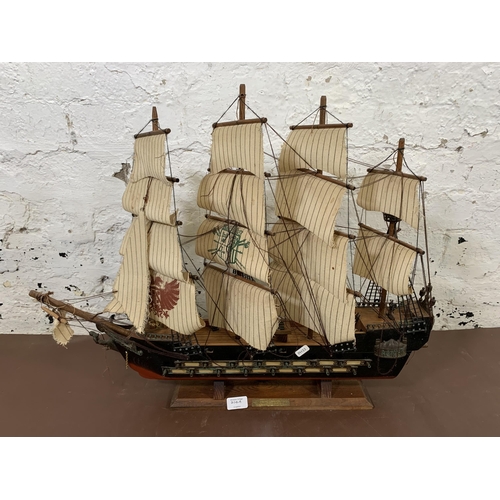 214A - Three handmade wooden model ships largest approx. 55cm high x 72cm long